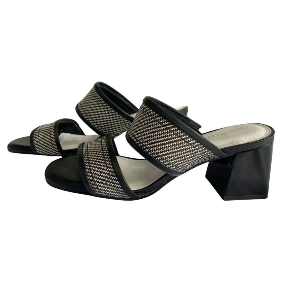 CAPELLI ROSSI BLACK WHITE INDI-90 STRAPPY SLIP ON GLOSSY BLOCK HEEL SANDALS - 9